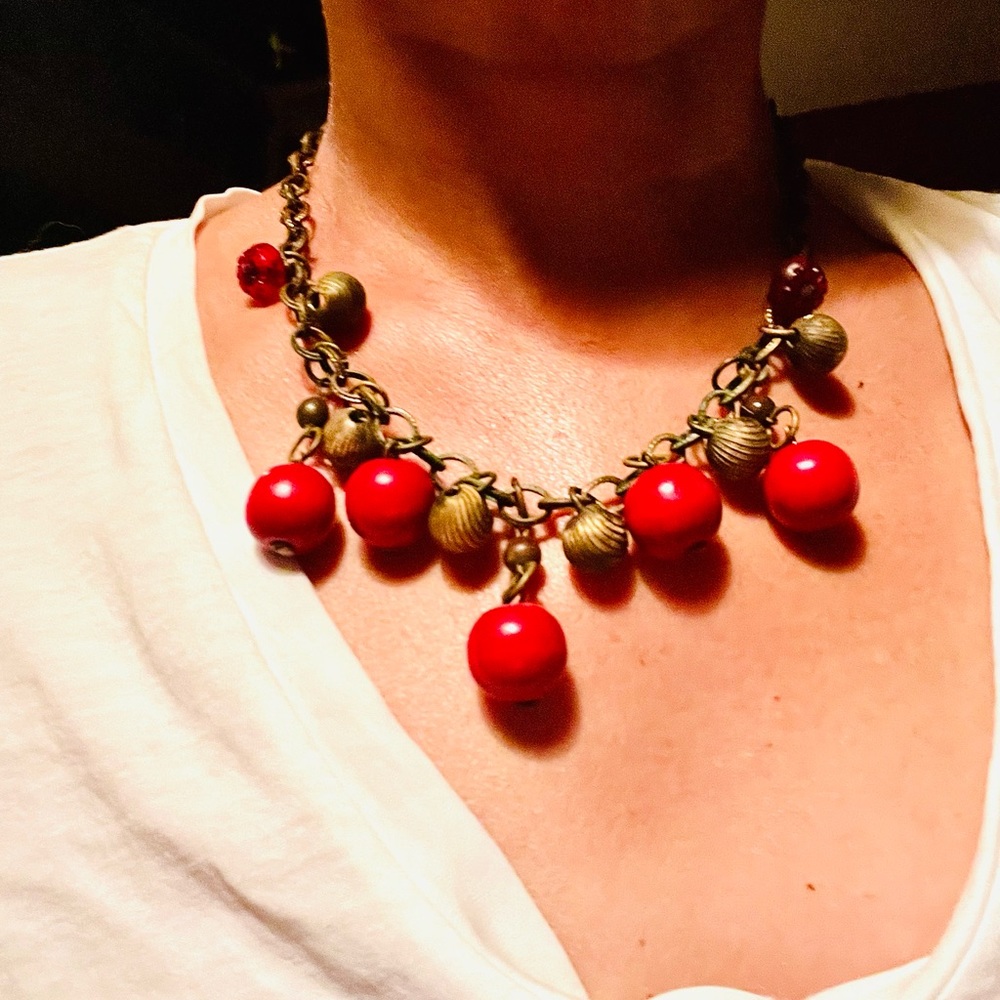 Vintage brass/bronze/copper bead, wood, necklace. Beautiful.